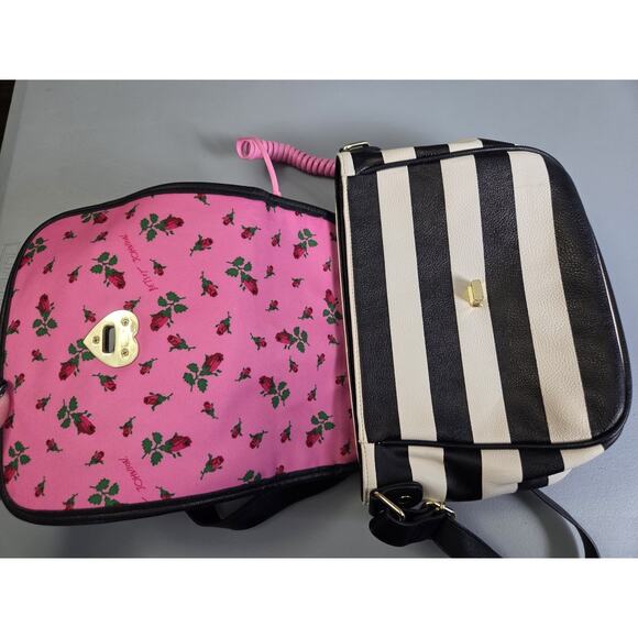 Betsey Johnson Phone Cross Body Bag Purse Handbag Pink Black White Striped - Picture 8 of 10
